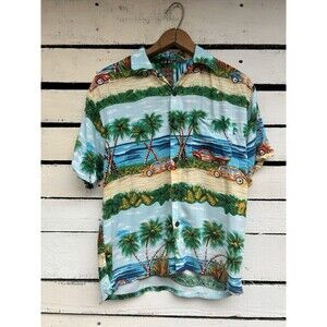 Vintage 90s Hawaiian Shirt Pineapple Connection Mens M Vacation Top Beach Palms